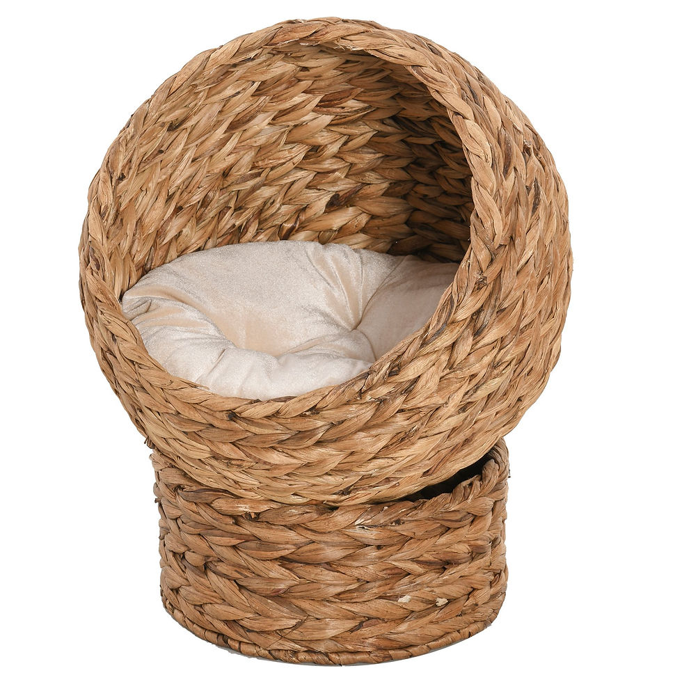 Elevated wicker cat bed with brown water hyacinth construction and soft cushion in boho egg chair design