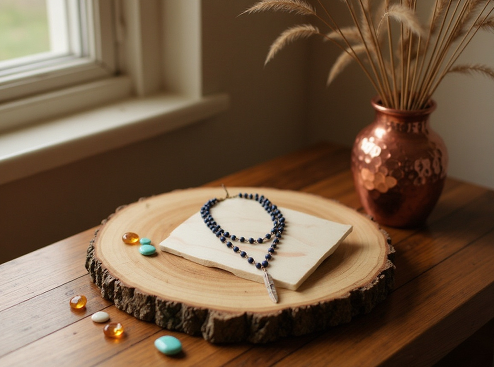 Blue beaded necklace on a wood-slice tray with small stones beside a copper vase and dried grasses by a sunlit window.