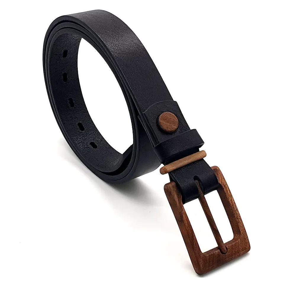 Thumbnail: Eco friendly wooden buckle leather belt women vegetable tanned metal free sustainable fashion
