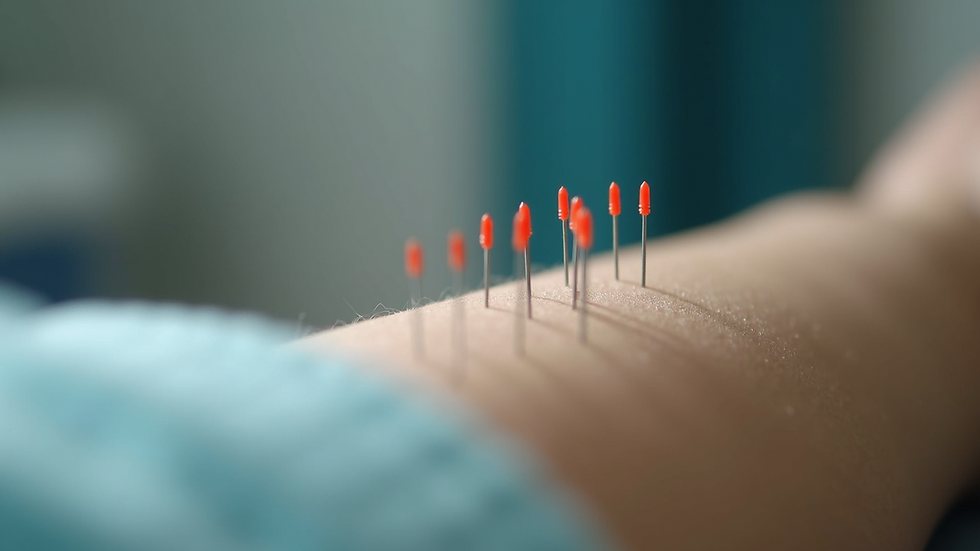 Close-up view of acupuncture needles inserted in a patient’s arm