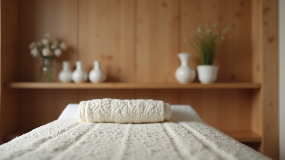 Eye-level view of a cozy therapy room with cupping equipment on a wooden shelf