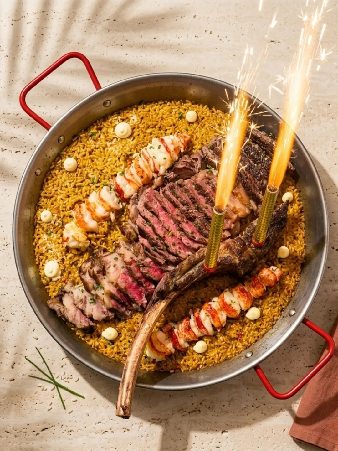 Paella Fiesta — wagyu, lobster and sparklers at Telefèric Barcelona