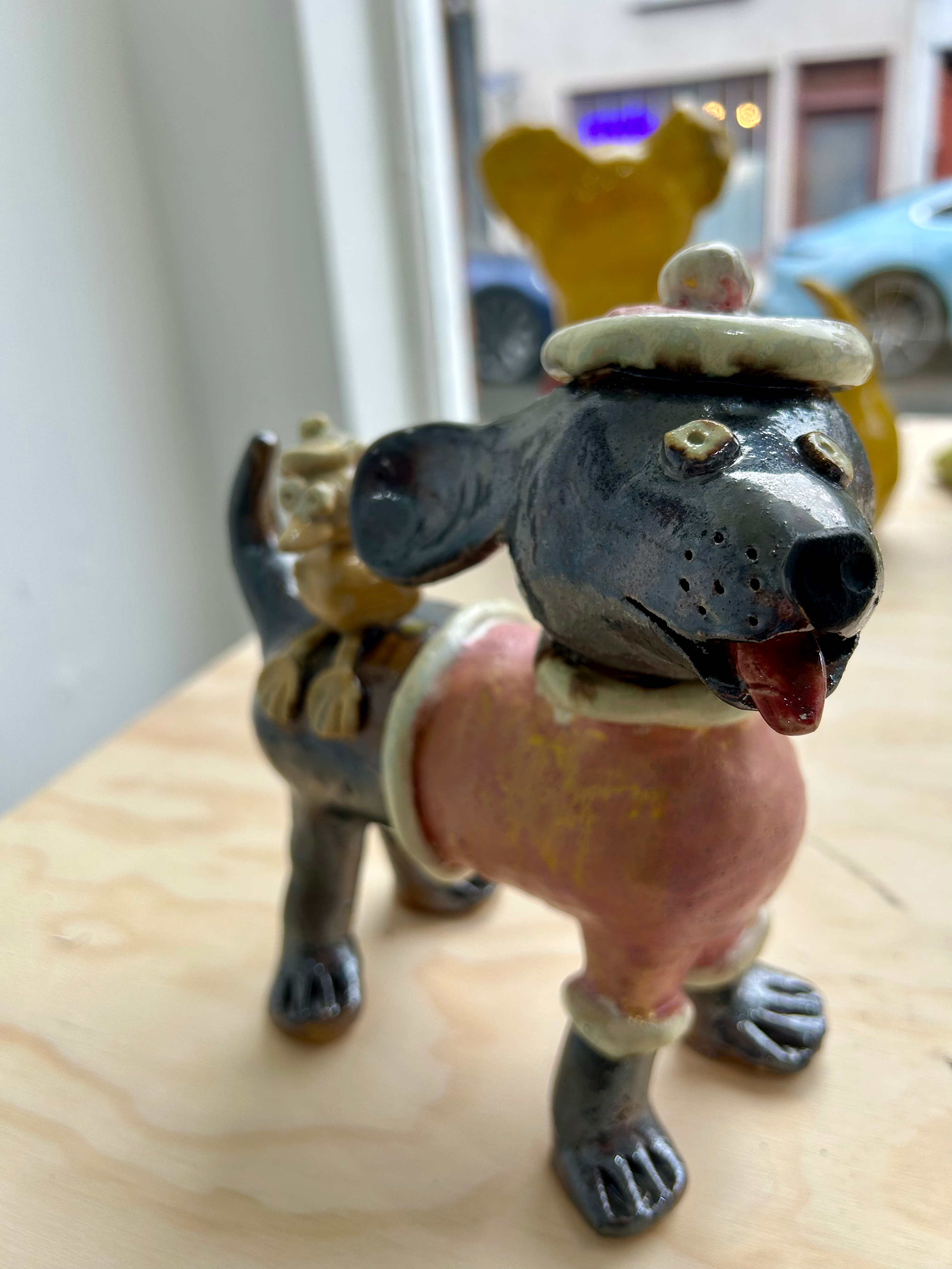 Happy Dog with Pink Jumper & Hat, Heather Hunt