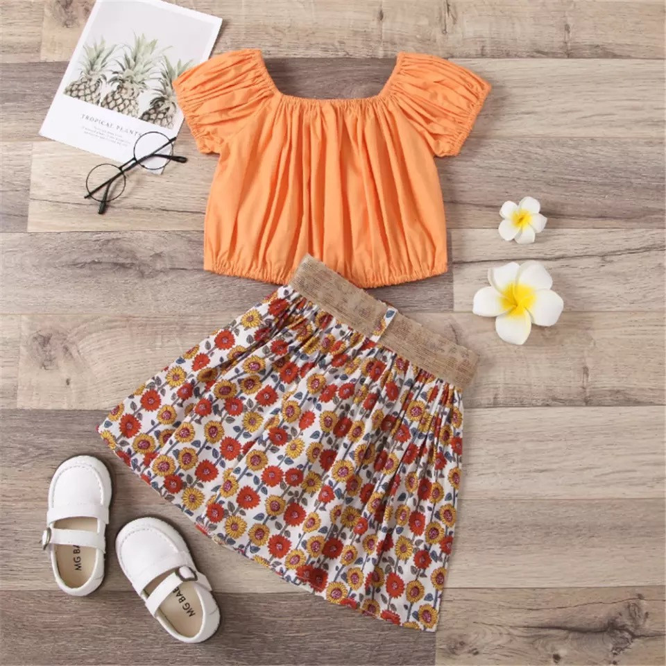 Miniatura: Conjunto de 3 Pcs de saia com conta de palha e blusa laranja .