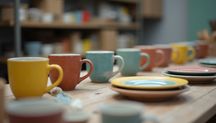 Eye-level view of a pottery studio table with colorful painted mugs and plates drying