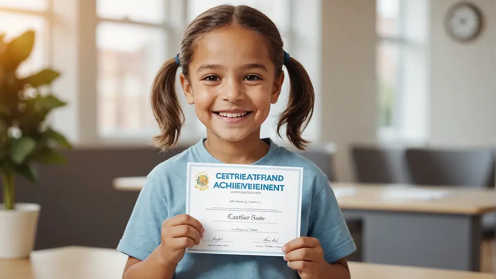 A child smiling and holding a certificate of achievement
