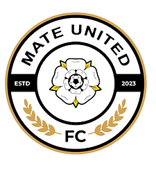 Mate United FC crest with white rose and football.