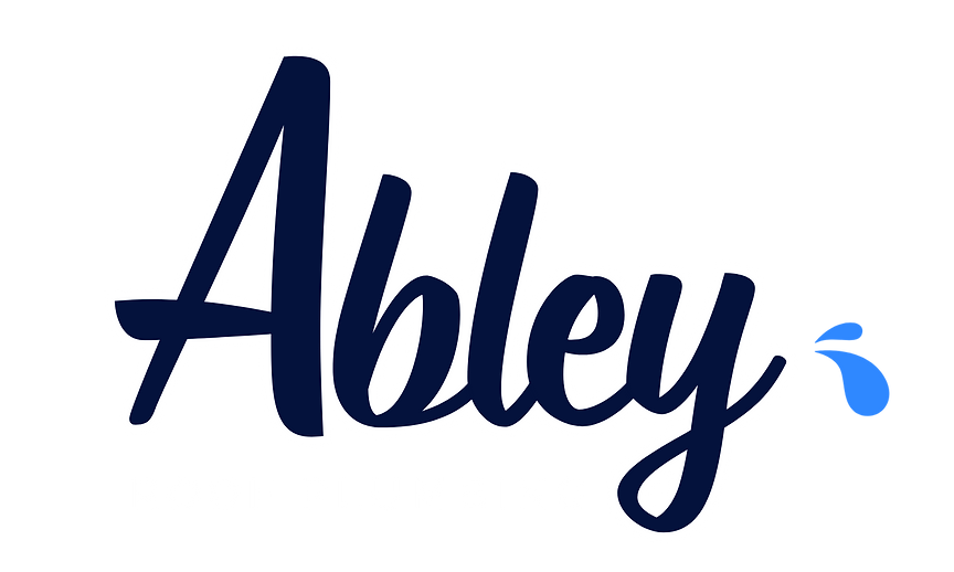 Abley Roof Plumbing Logo - Navy curvy text with white outline of 'Abley' and two water droplets splashing off the tail of the 'y'. 'Roof Plumbing' in all caps white sans serif font underneith.