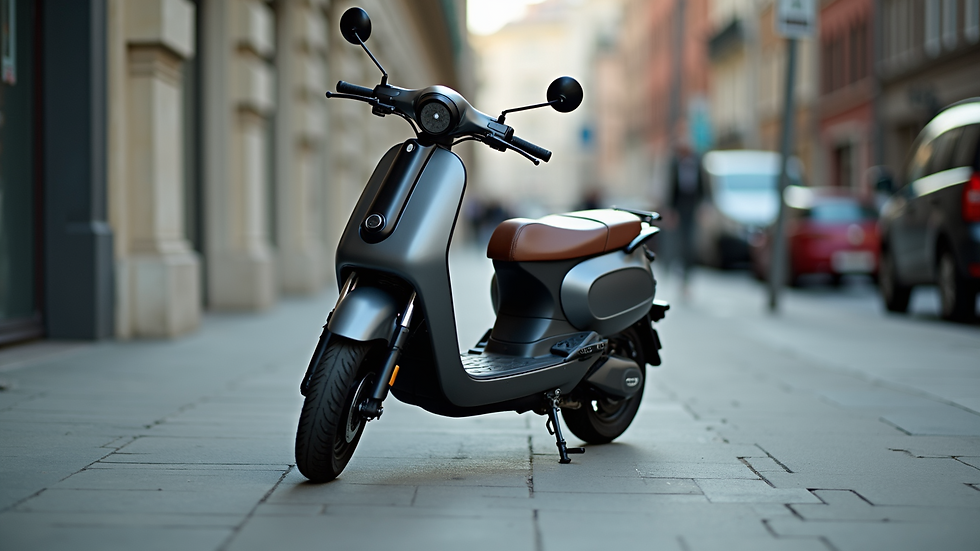 Eye-level view of a sleek electric scooter parked on a city sidewalk