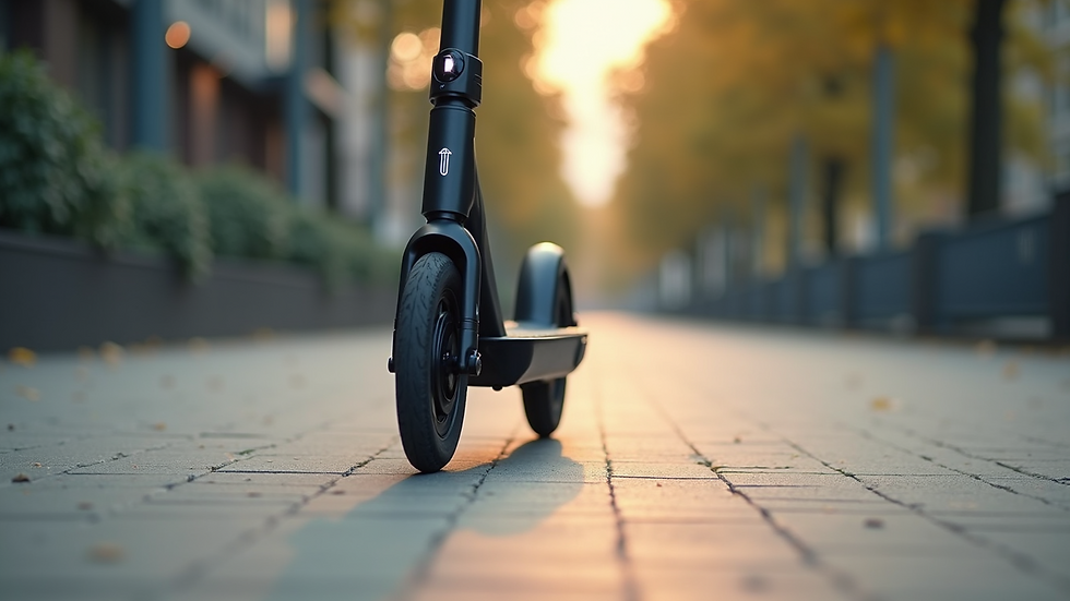 Close-up view of electric scooter wheels on a paved urban path