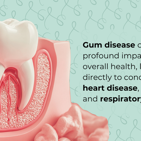 3D illustration of a tooth cross-section showing gum disease inflammation and bone loss, highlighting the connection between periodontal disease and overall health conditions like heart disease and diabetes.
