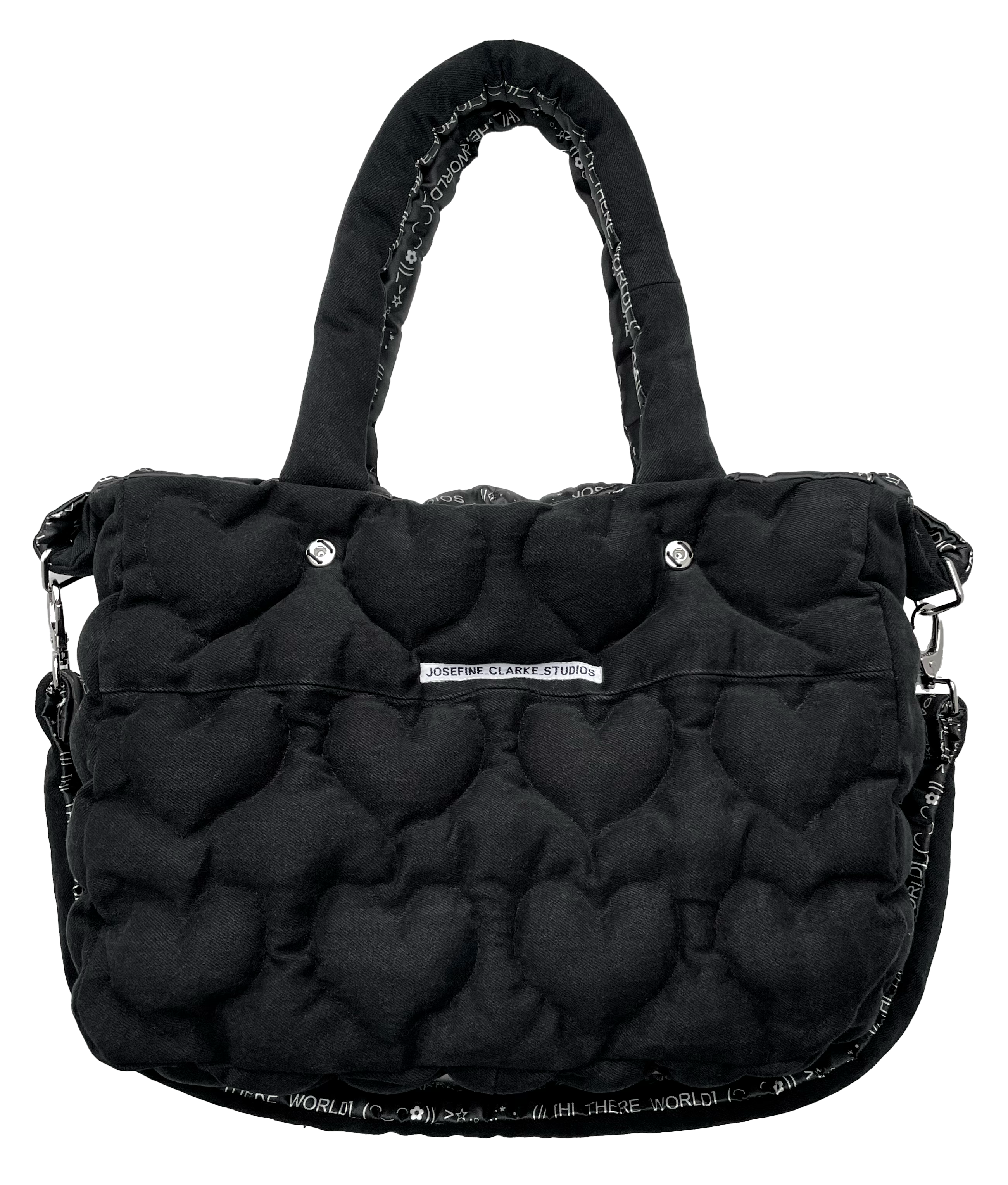 BLACK DENIM HEART MEDIUM REVERSIBLE LOGO PUFFER BAG