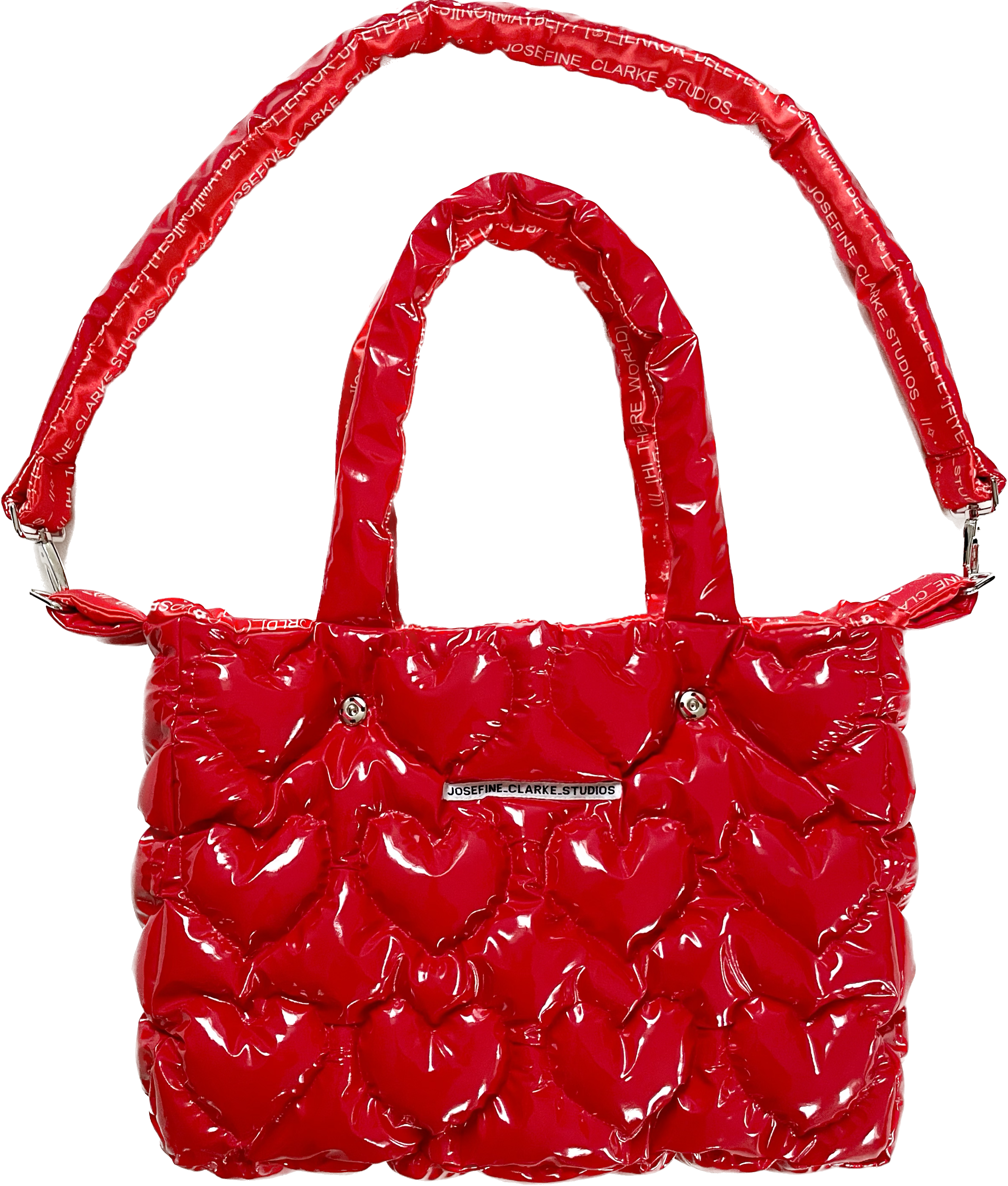 HEART GLOSSY RED MEDIUM REVERSIBLE LOGO PUFFER BAG