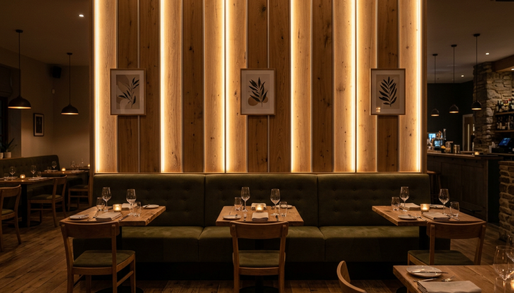 Eye-level view of a restaurant wall with warm LED strip lighting behind wood panels