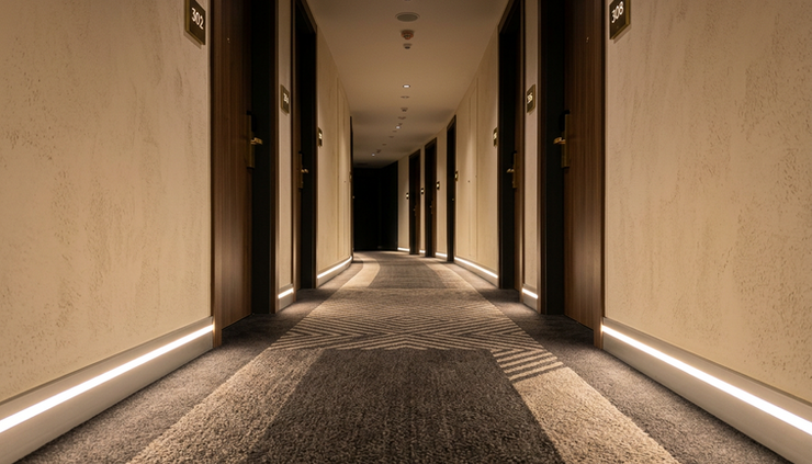 Low-angle view of a hotel hallway wall with recessed LED strip lighting along the base