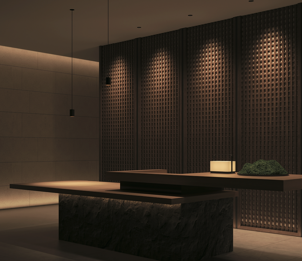 Modern reception desk with ambient lighting, dark wood paneling. Minimalistic decor includes a small lamp and greenery. Calm atmosphere.