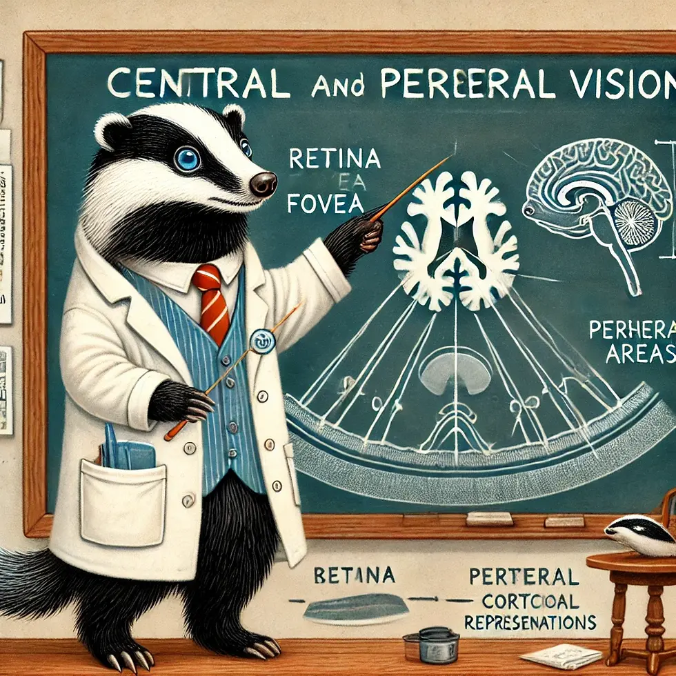 Whimsical illustration featuring a badger teaching about central and peripheral vision.