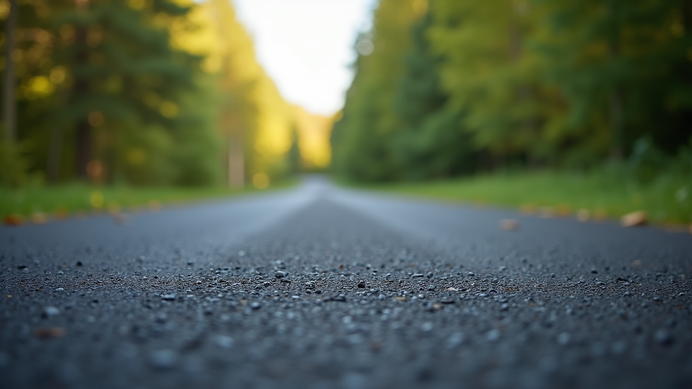 Eye-level view of freshly paved asphalt driveway with smooth black surface