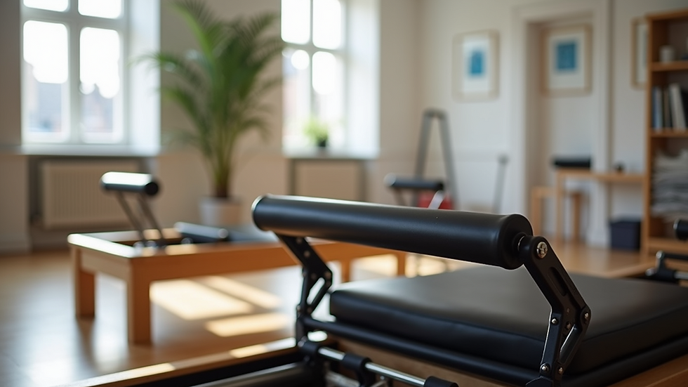 Close-up view of pilates reformer machine in a Malmö studio