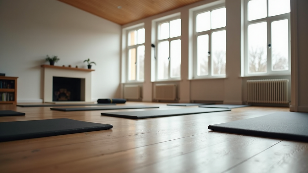 Eye-level view of a pilates studio in Malmö with mats and equipment