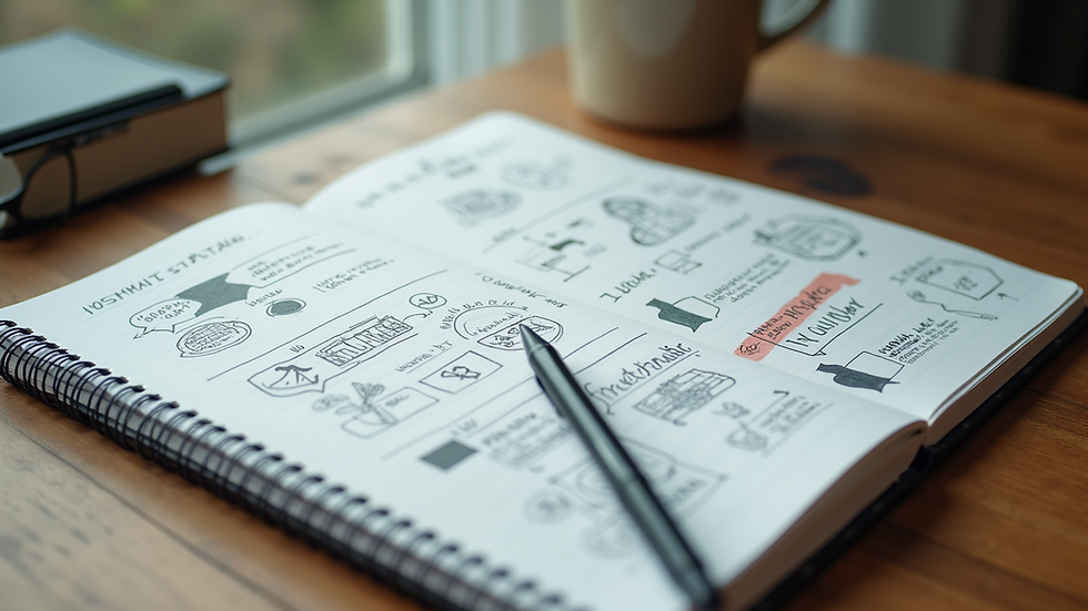 High angle view of a notebook with startup MVP sketches and notes