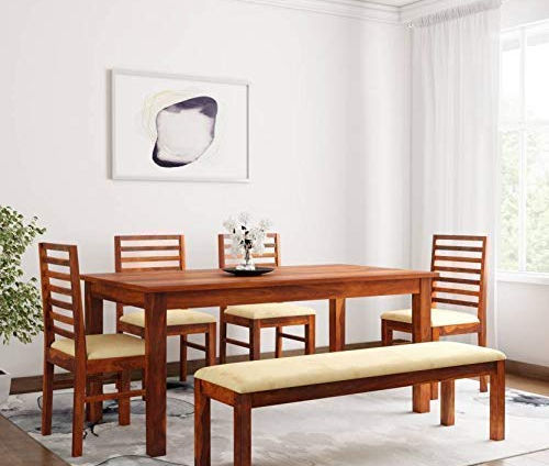 Solid Sheesham Wood 6 Seater Dining Table Set with 4 Cushion Chair and 1 Bench