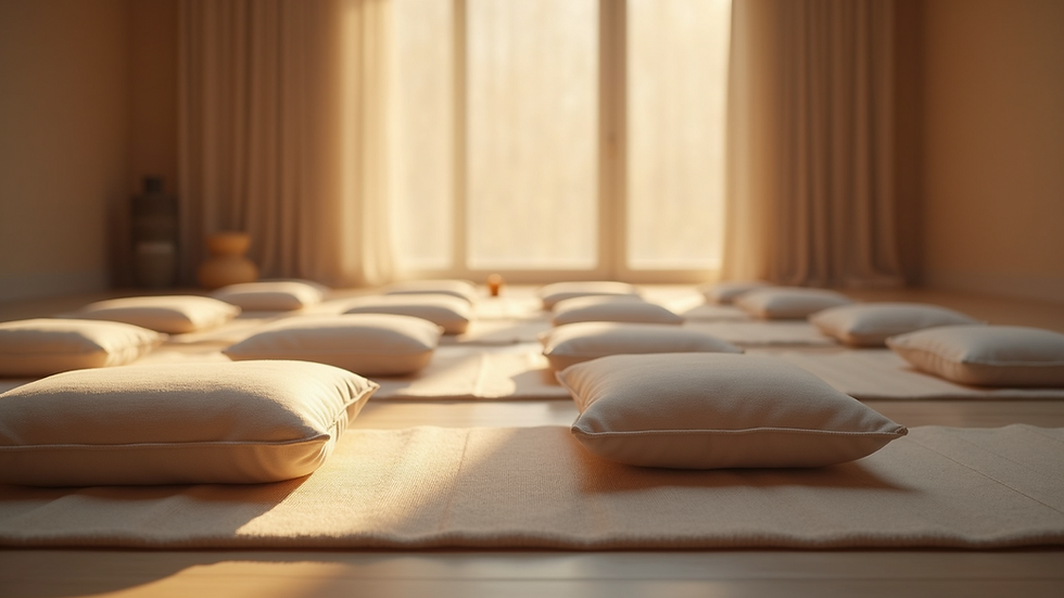 Eye-level view of a peaceful meditation space with cushions and soft lighting
