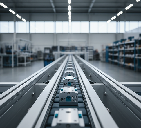 Linearer Materialfluss in einer Produktionsumgebung als Beispiel für Wertstrom und Lean Management in der Fertigung