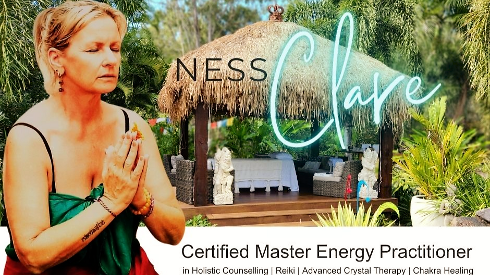 Woman meditating with hands clasped, eyes closed. Background: tropical hut, greenery. Text: "Ness Clave, Certified Master Energy Practitioner." Mood: calm.