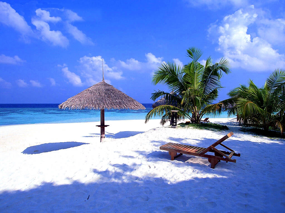 Sandy beach with a wooden lounge chair and straw umbrella. Palm trees and clear blue sky with fluffy clouds. Calm ocean in the background.
