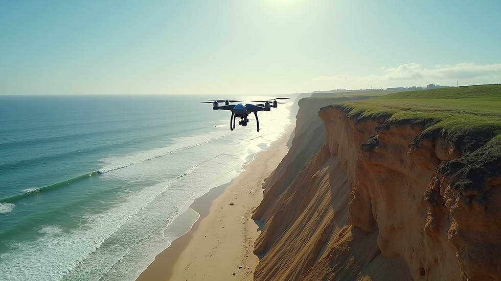Eye-level view of a drone capturing images over a coastal erosion site