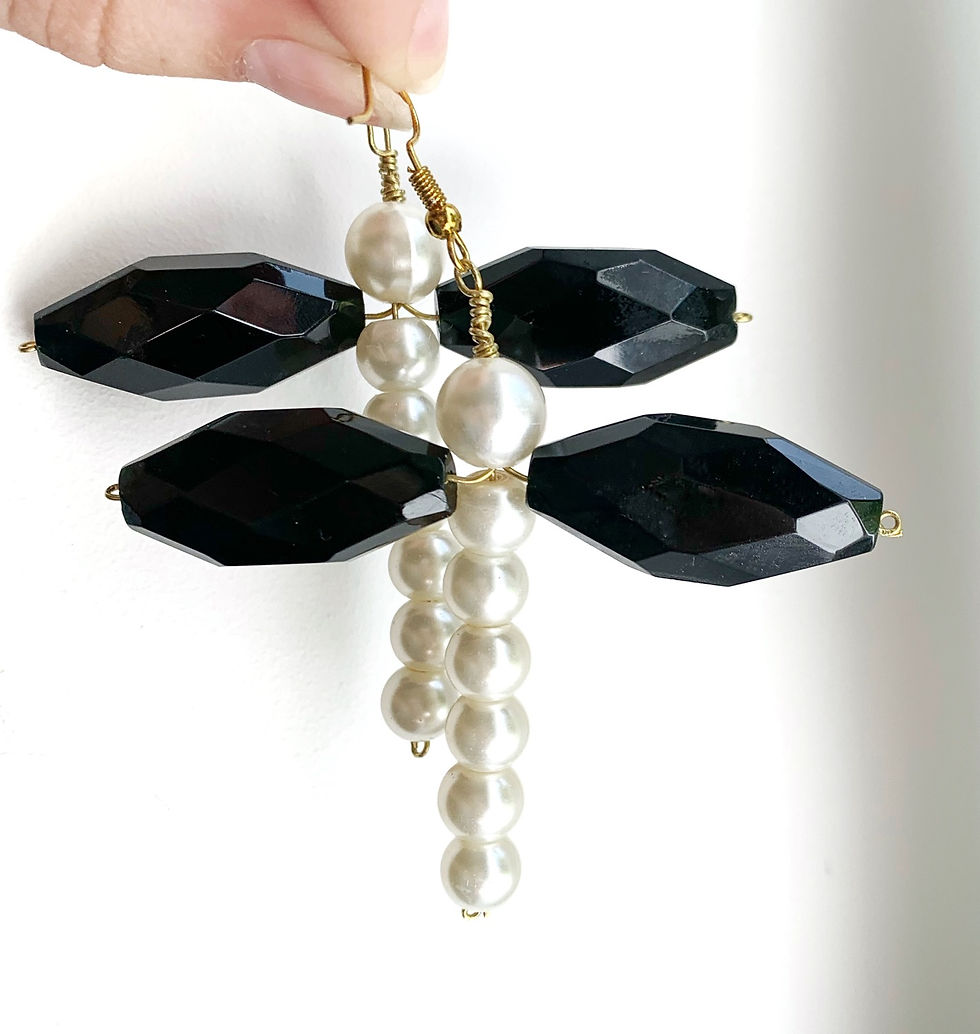 Thumbnail: Pearl dragonfly beaded statement dangle earrings