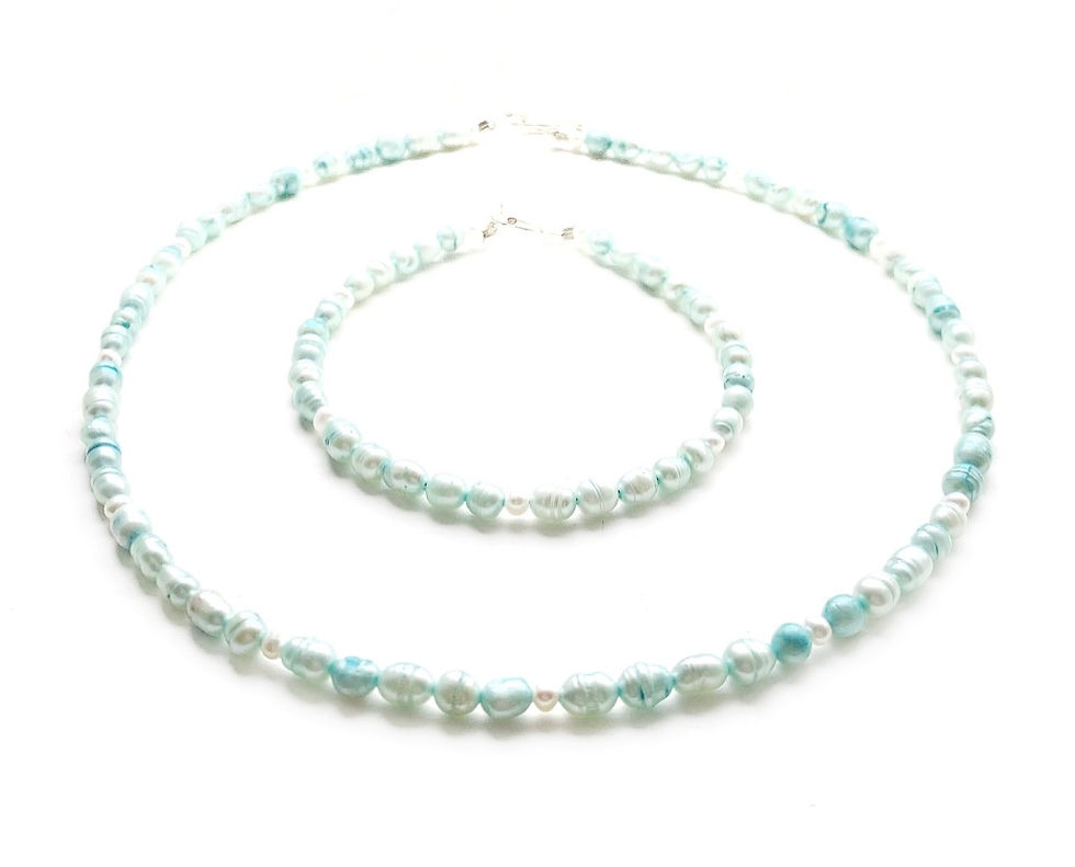 Thumbnail: Dainty baroque blue and white pearl matching necklace / bracelet gift set