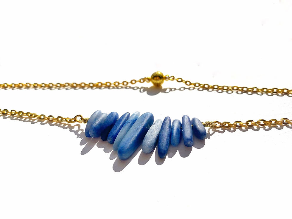 Thumbnail: Dainty blue natural gemstone bar necklace with gold chain with magnetic clasp