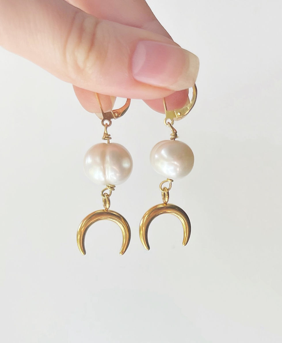 Thumbnail: Crescent moon dangle earrings, modern pearl earrings, dainty boho dangle earring