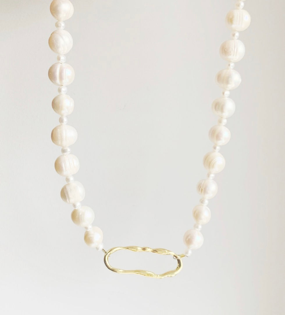 Thumbnail: Gold plated geometric charm white freshwater pearl choker necklace