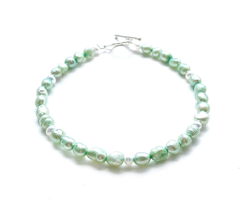 Thumbnail: Dainty green and white freshwater pearl matching necklace / bracelet gift set