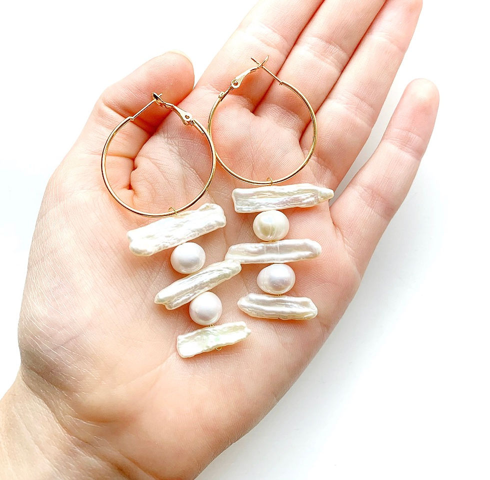 Thumbnail: White biwa stick freshwater pearl statement hoop earrings