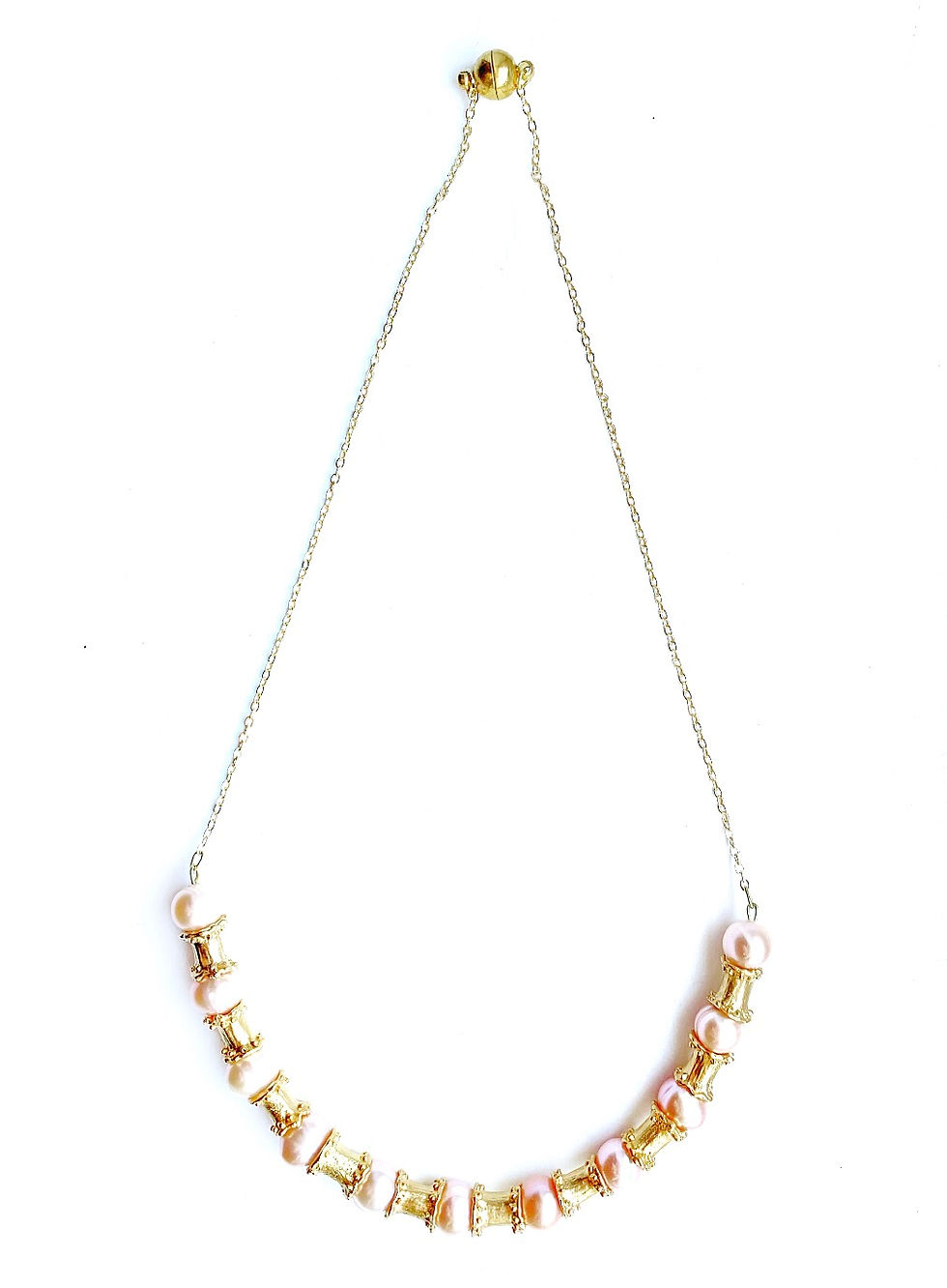 Thumbnail: Peach freshwater pearl bar necklace with dainty gold chain and magnetic clasp