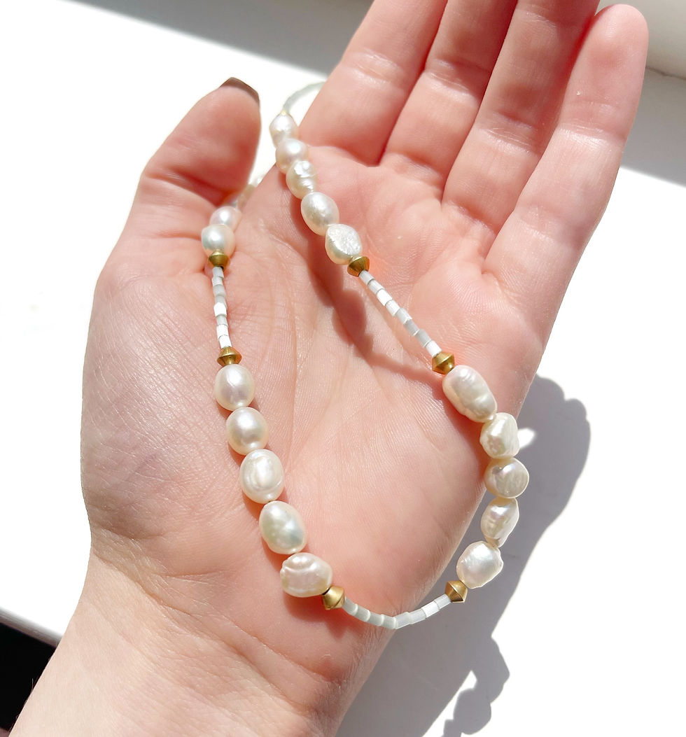 Thumbnail: Dainty seed bead white freshwater pearl beaded choker necklace, delicate summer 