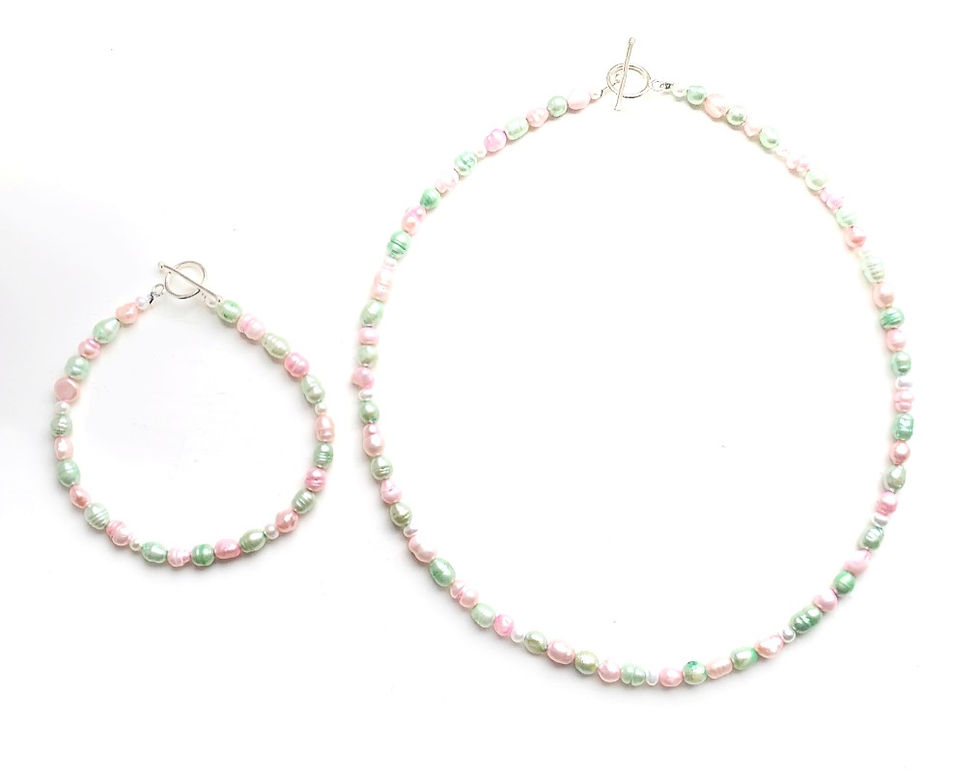 Thumbnail: Dainty baroque green & pink freshwater pearl matching necklace bracelet gift set