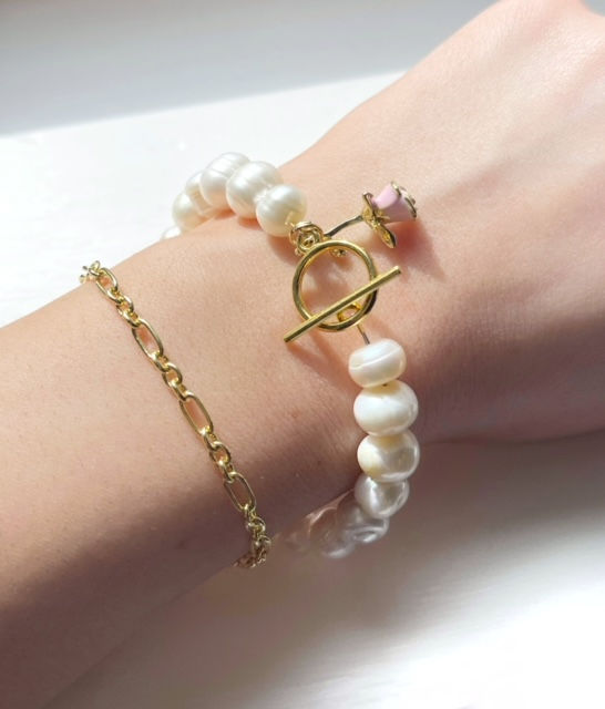 Thumbnail: White freshwater pearl choker charm bracelet with rose flower charm and toggle c
