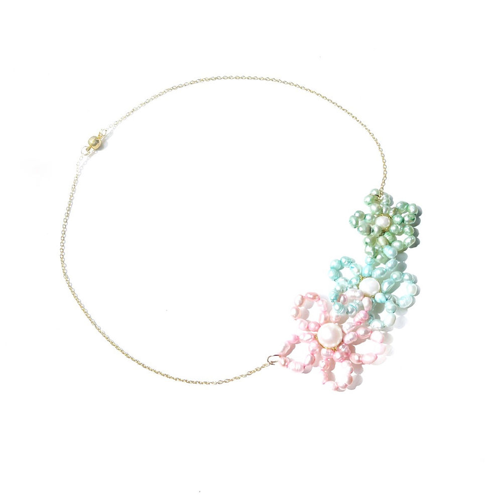 Thumbnail: Statement pearl flower necklace with gold chain, statement summer jewelry, uniqu