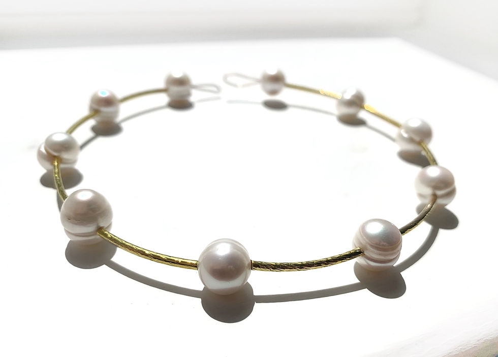 Thumbnail: Geometric gold white freshwater pearl choker necklace