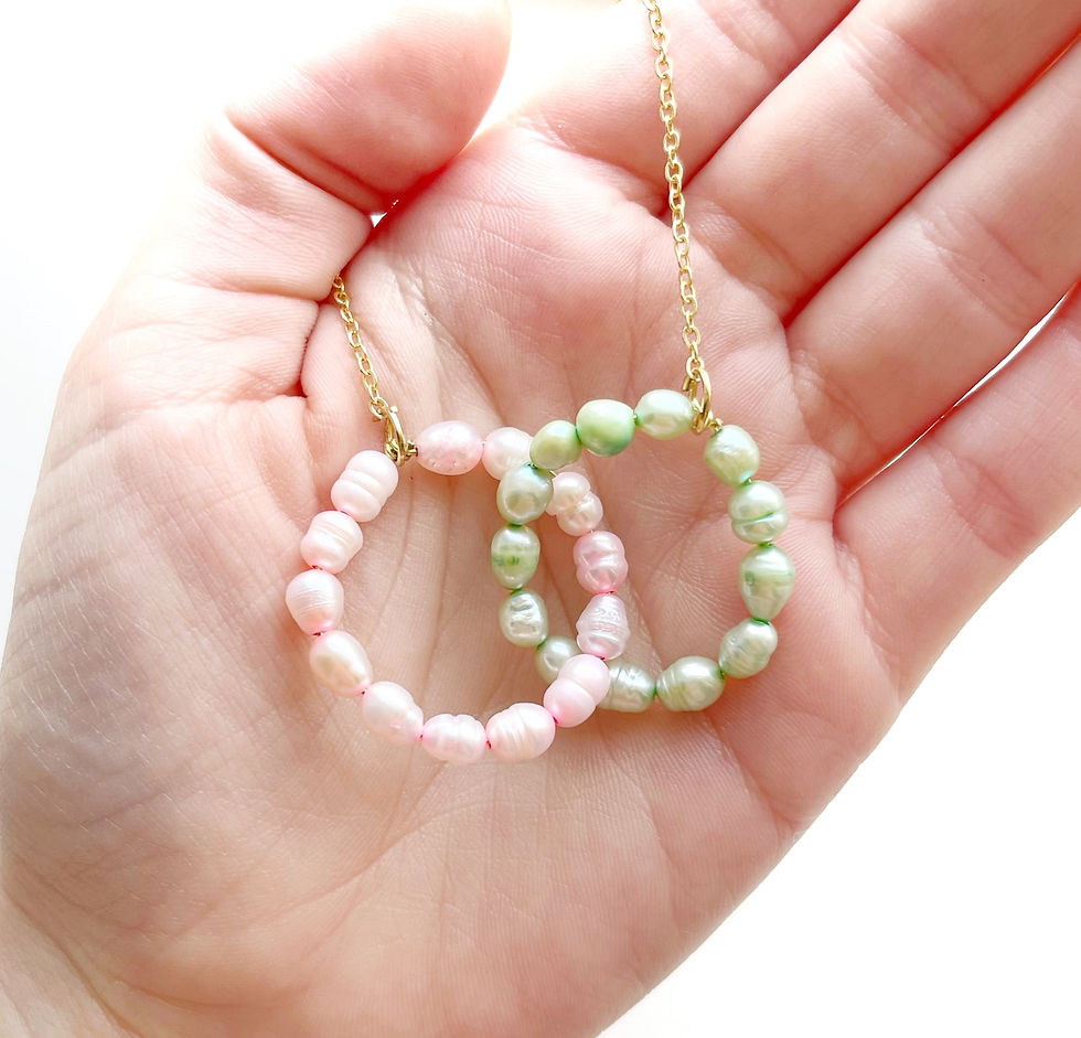 Thumbnail: Dainty baroque pink and green freshwater pearl necklace with gold chain
