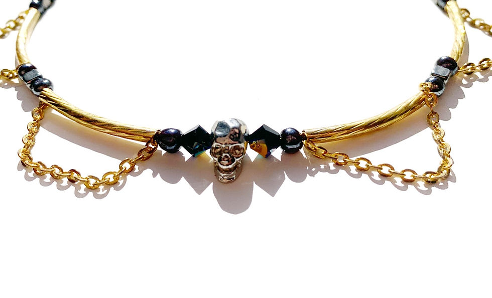 Thumbnail: Silver skull choker necklace, gothic pearl choker necklace