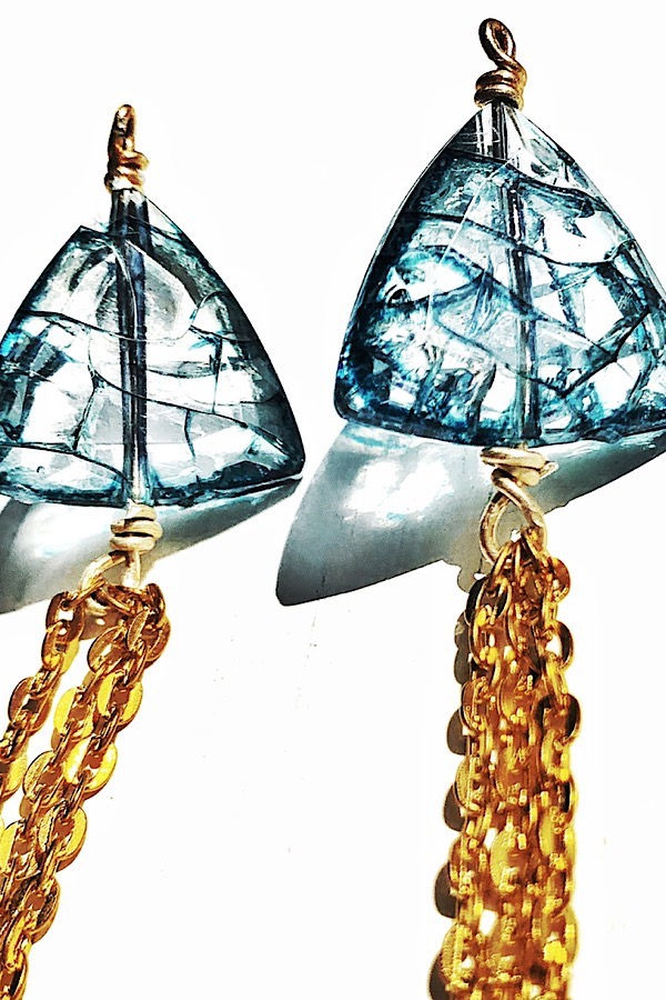 Thumbnail: Long statement drop chain earrings, blue shattered triangle bead earri
