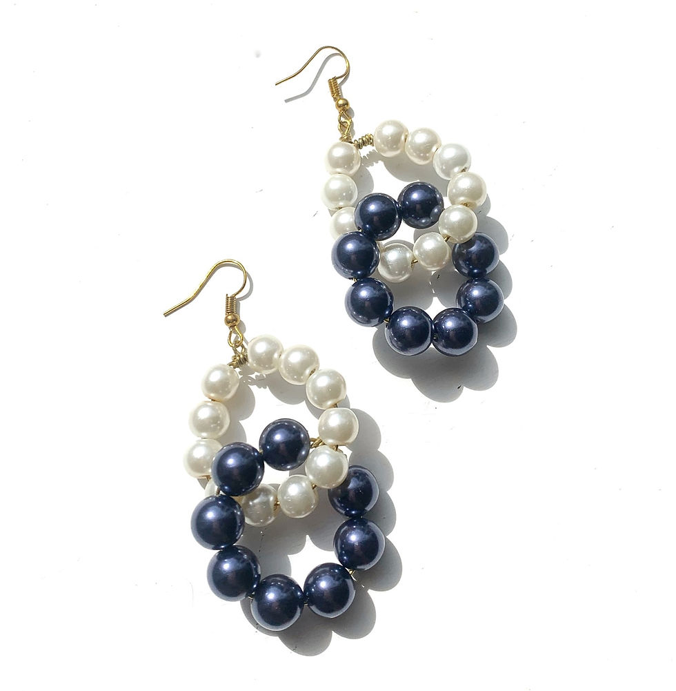 Thumbnail: Oversized hoop statement earrings blue and white faux pearl dangle earrings