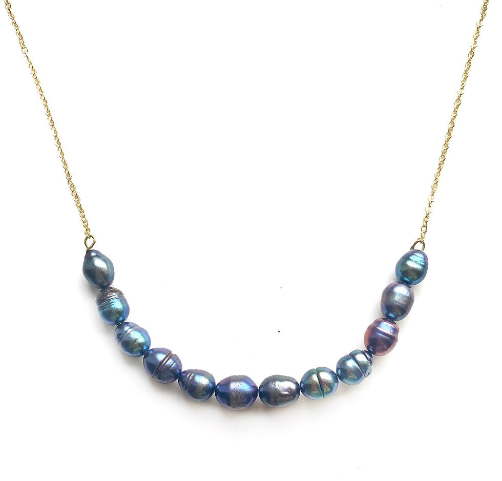 Thumbnail: Freshwater grey peacock pearl bar necklace with dainty gold chain