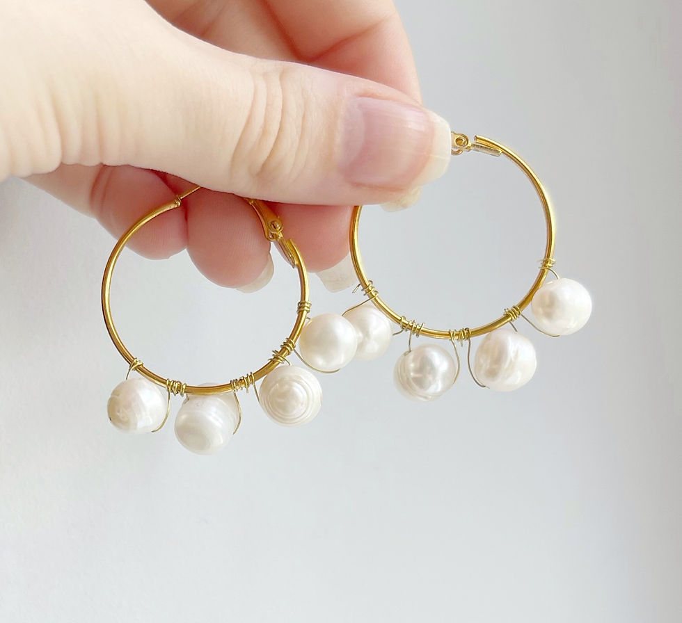 Thumbnail: Statement gold hoop earrings with white freshwater pearls, unique pearl earrings